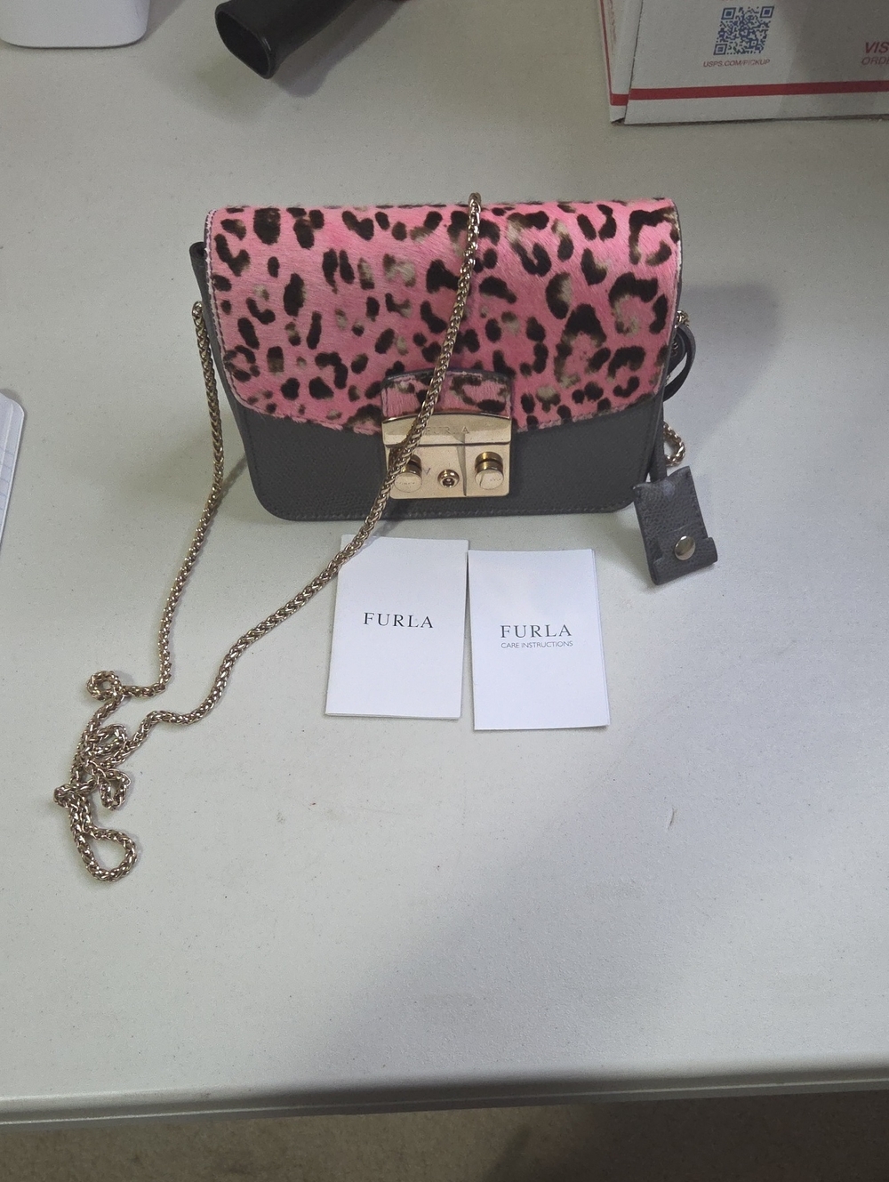 Furla Metropolis Pink Leopard Flap Gray Leather Crossbody with Gold Chain